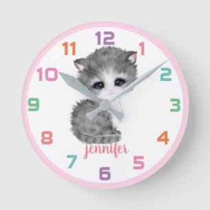 Cat-chaton rose Horloge murale des enfants coloré