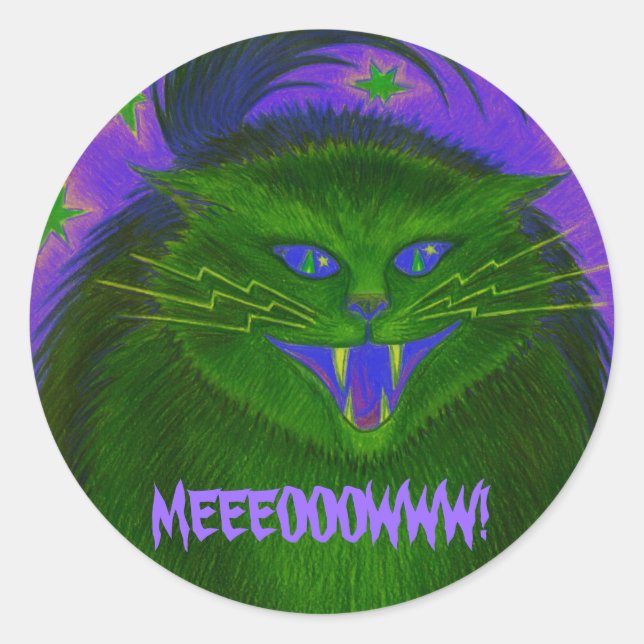Cat effrayant Vert 'MEEEOOOWWW!' autocollant (Devant)