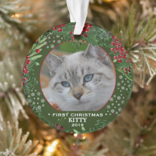 Cat First Christmas Holly wreath photo flakes
