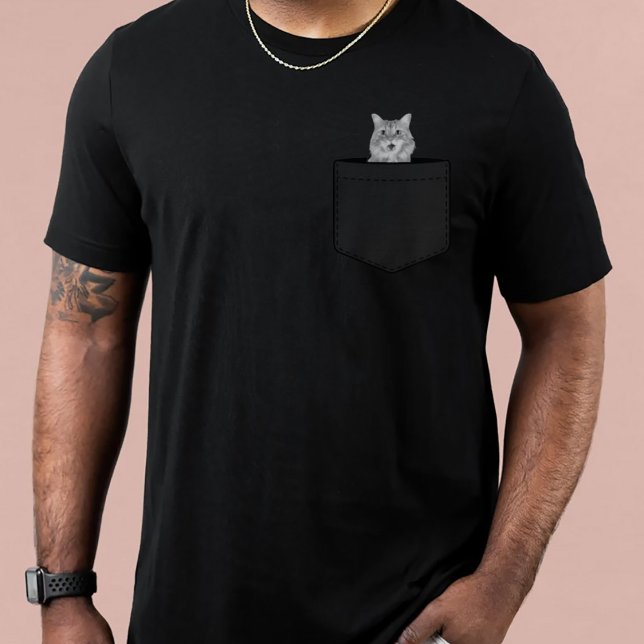 Cat In Pocket | Custom Pet Photo Black T-Shirt (Créateur téléchargé)