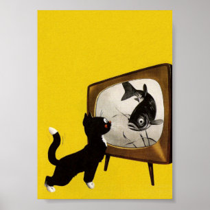 Cat Looking at Fish Funny Vintage Animal Poster