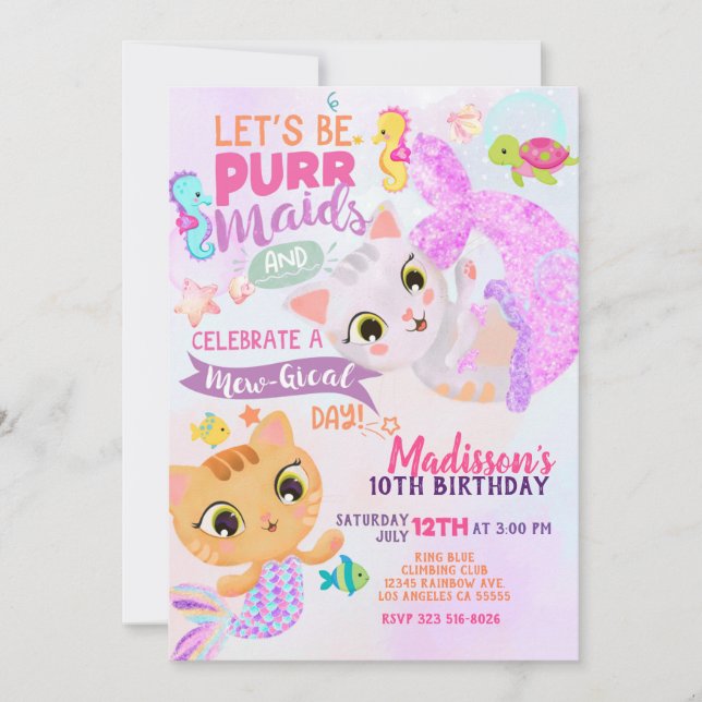 Cat Mermaid Purrmaids Invitation d'anniversaire (Devant)