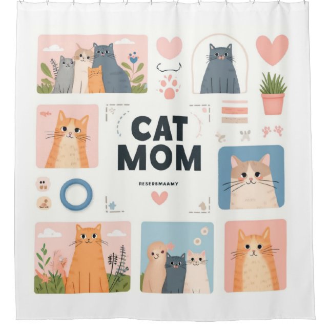 "Cat Mom" Douche rideau avec chatons adorables (Devant)