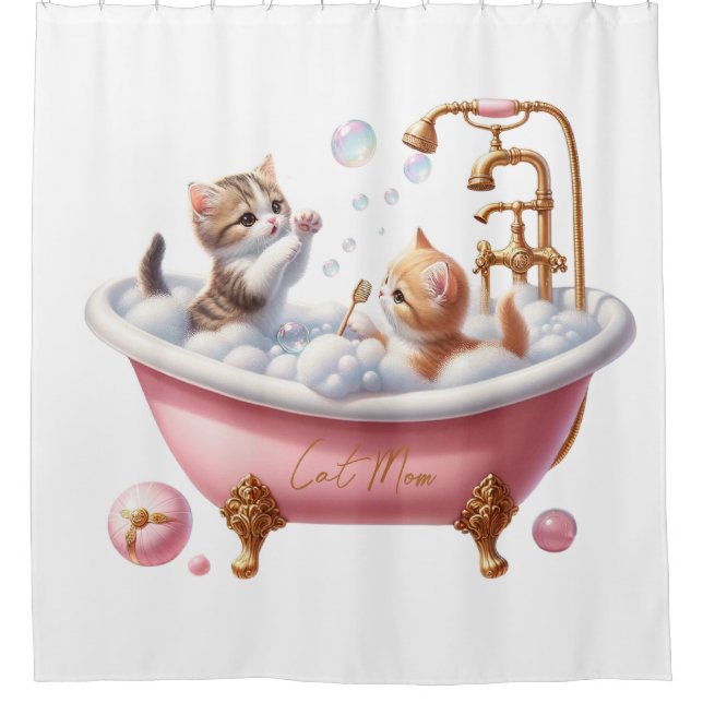 "Cat Mom" Douche rideau avec chatons adorables (Devant)