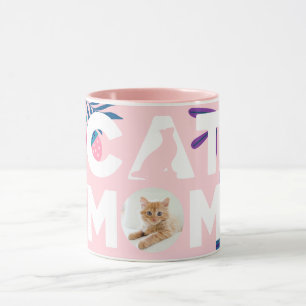 CAT MOM, Votre Photo, Fleurs Roses & Mug Feuille