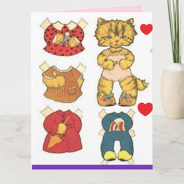 CAT PAPER DOLL VINTAGE CARTE DE SALUT D'ANNIVERSAI (Devant)