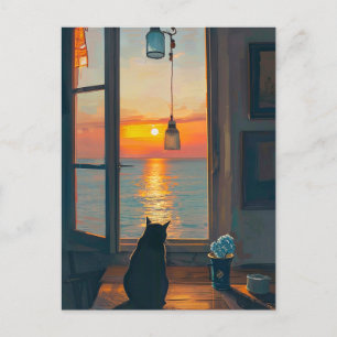 CAT PAR FENÊTRE OCÉAN SUNSET ART CARTES POSTALES
