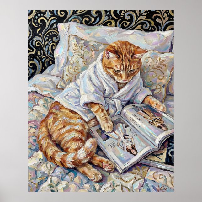Cat Reading In Bed Cute Wall Art Poster Print (Devant)