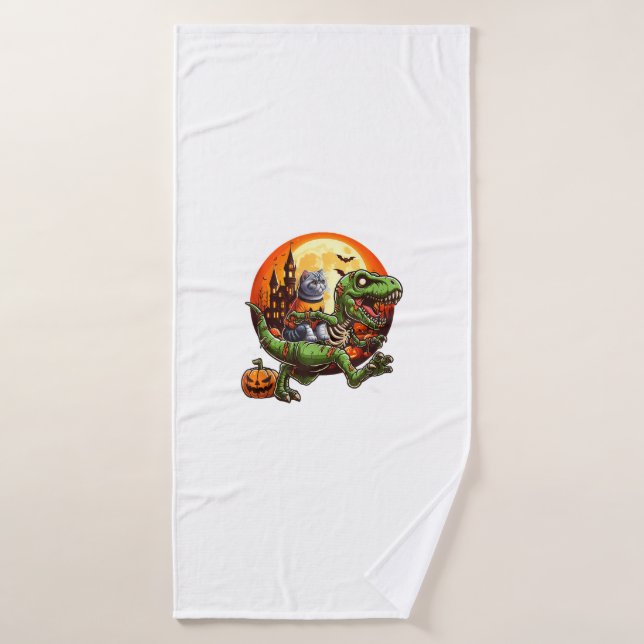 Cat Riding Horreur T-rex Comme Zombie Halloween En (Serviette de bain)