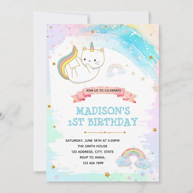 Cat unicorne anniversaire invitation douche (Devant)