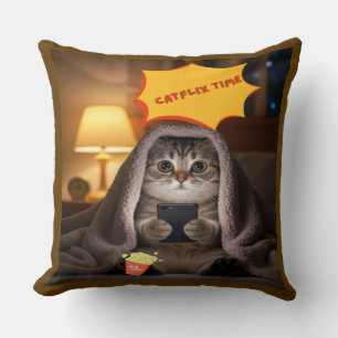 Catflix Time Cute Cat Lance Oreiller pour enfants 