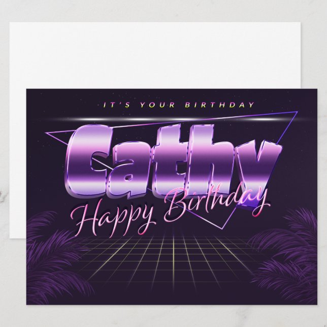 Cathy Nom Prénom carte rétro lilas Anniversaire (Devant / Derrière)