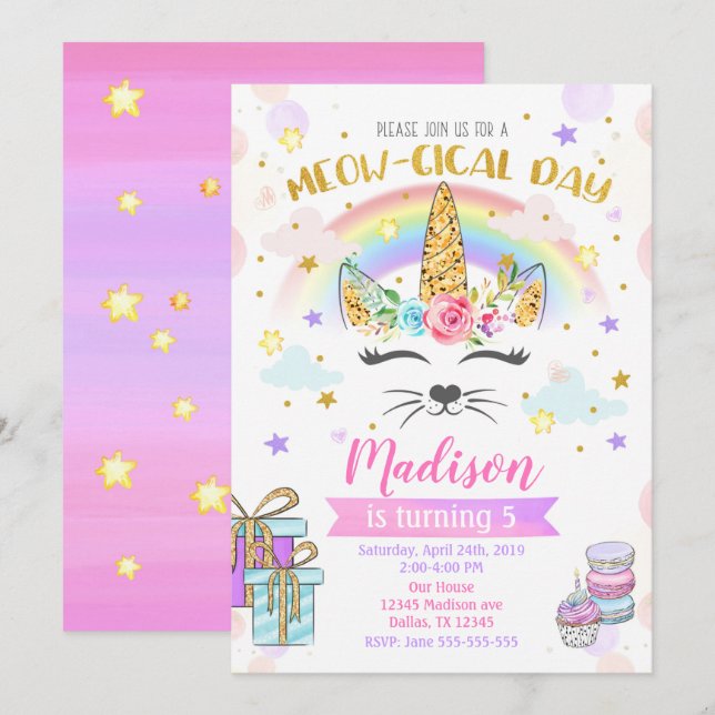 Caticorn Invitation Anniversaire, Chat Unicorne Ma (Devant / Derrière)