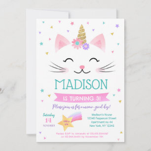 Caticorn Kitty Chat Kitten Invitations d'anniversa