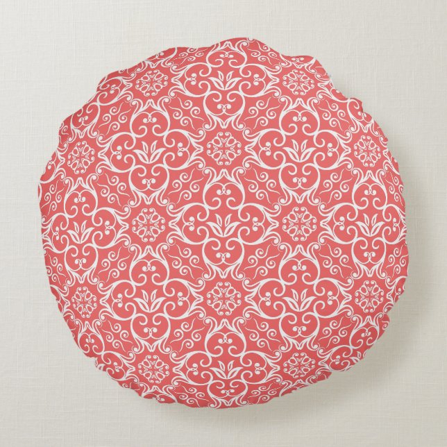Cayenne et blanc Damask Coussin rond (Dos)