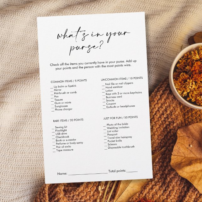 Ce qui est dans votre jeu de Fête des mariées de b (modern minimalist black and white "what's in your purse?" bridal shower game)
