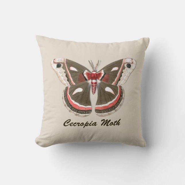 Cecropia Moth Thaillow Oreiller - Beige avec texte (Recto)