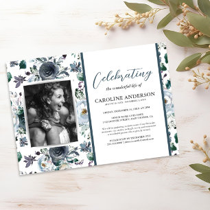 Célébration de la vie Blue Floral Photo Invitation