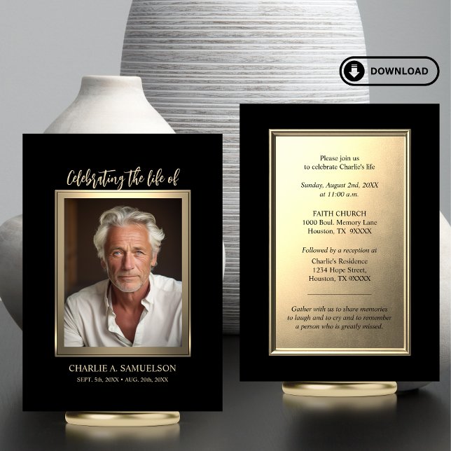Célébration de la vie Gold Black PHOTO Invitation (Modern Celebration of Life Gold Black PHOTO Card | Elegant for men (masculine))