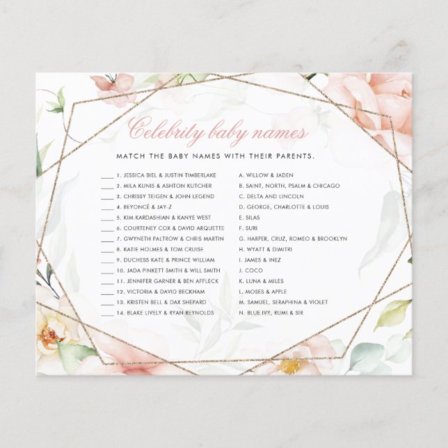 Celebrity Baby Names Girl Floral Baby shower Jeu (Devant)