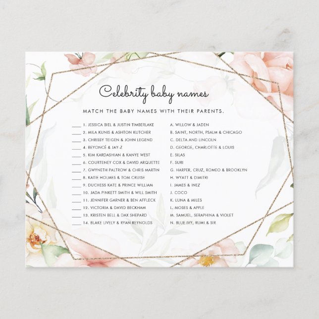 Celebrity Baby Names Girl Floral Baby shower Jeu (Devant)