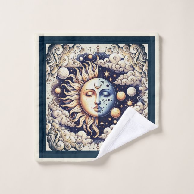 Céleste Vintage Demi Soleil & Lune Bleu Jaune (Gant de toilette)
