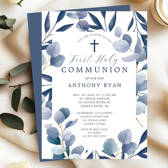 Celestial Blue Leaf Boys Communion Invitation (Créateur téléchargé)