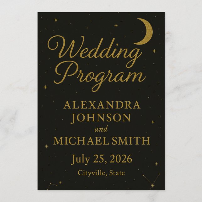 Celestial Elegant Black & Gold Wedding Programme (Devant)