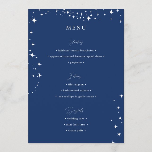 Celestial Elegant Wedding Simple Navy Blue Menu (Devant)