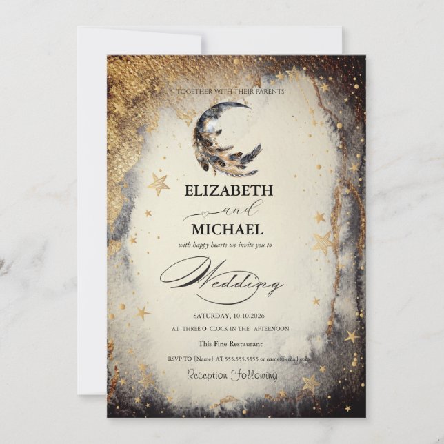 Celestial Gold Stars Moon Feather Dark Invitation (Devant)