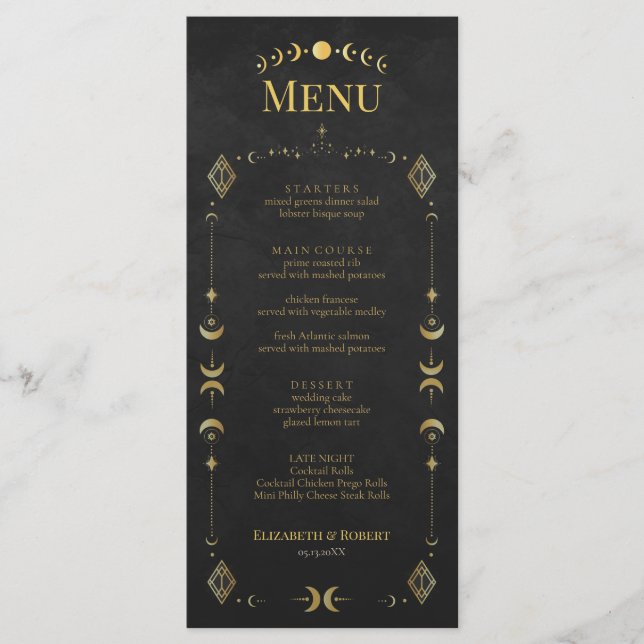 Celestial Gothic Black and Gold Wedding Menu Card (Devant)