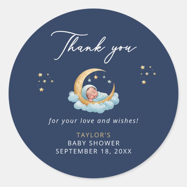Celestial Navy Moon Baby Shower Thank You Sticker (Devant)