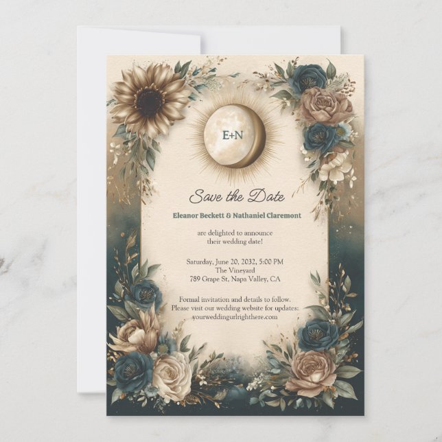 Celestial Sun Moon Boho Floral Save the Date (Devant)