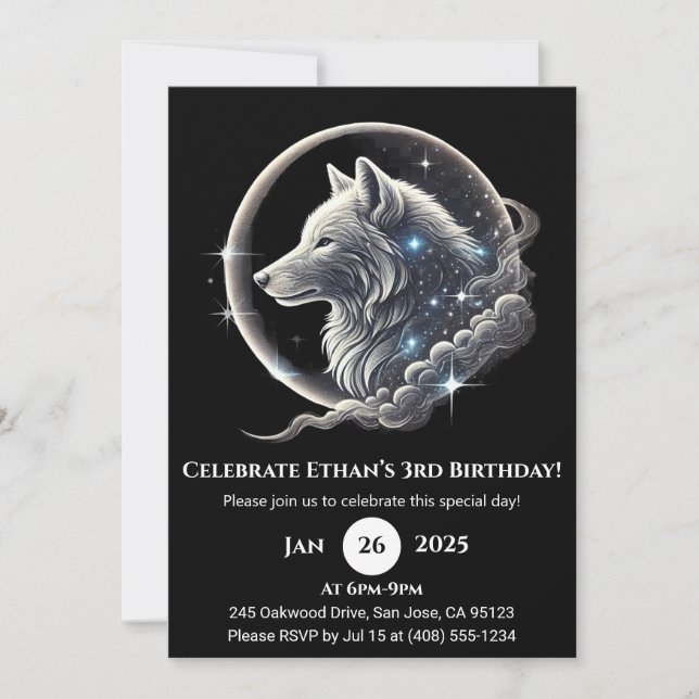 Celestial White Wolf Moon Birthday Invitation (Devant)