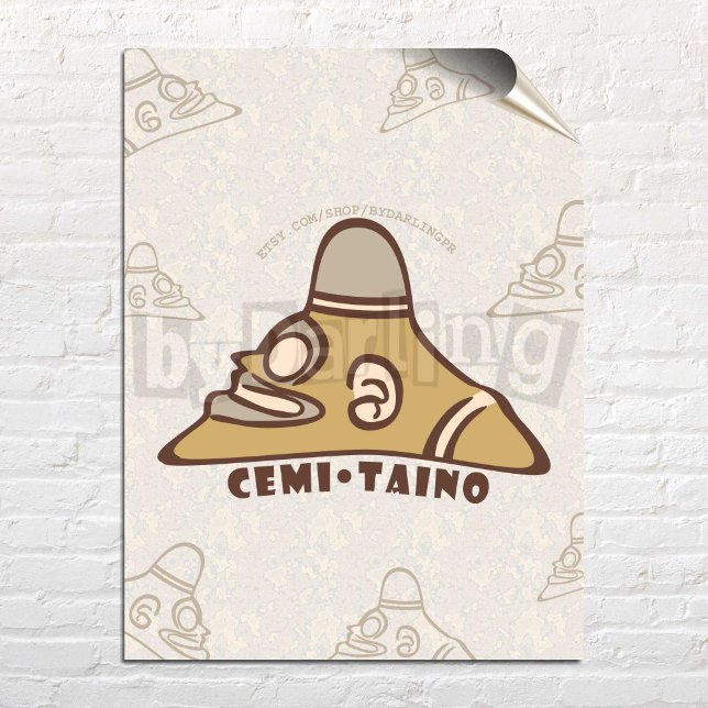 Cemi Taino Porto Rico Wall Art Download Poster (Cemi Taino Puerto Rico Wall Art Digital Download Print Poster over a white brick wall)