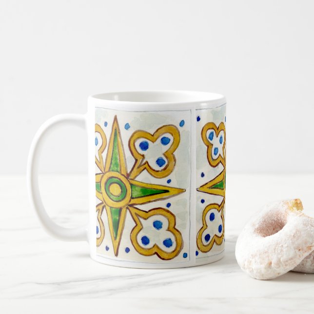 Ceramic mug with traditional Sicilian tile design (Avec donut)