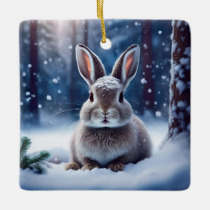 Céramique Joli Lapin Dans La Forêt Enneigée Ornement En Céra