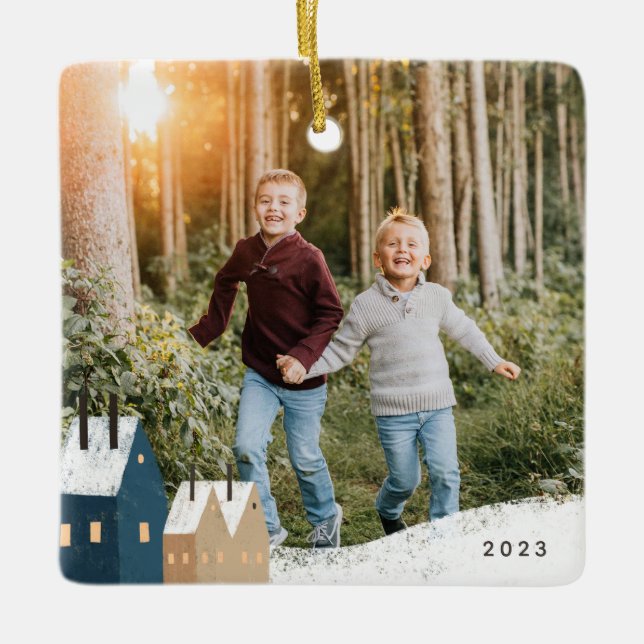 Céramique Scène Rustique Village Neige Photo Ornement en cér (Devant)