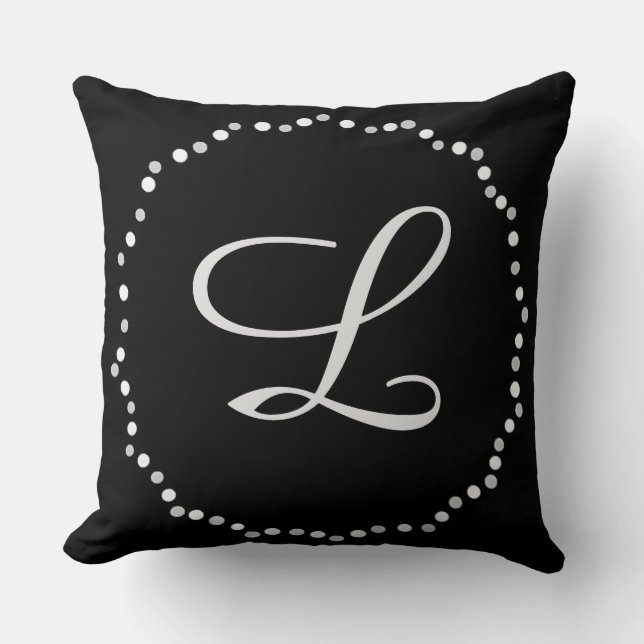 Cercle de points gris clair noir Coussin monogramm (Recto)