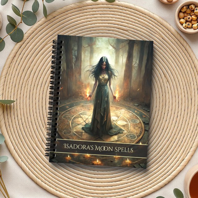Cercle Rituel - Sorcière Noire Journal Spell Perso (Ritual Circle - Dark Witch Custom Spell Journal on a boho table with botanicals and a cup of tea)