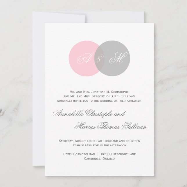 Cercles enmêlés rose et gris Faire-part de mariage (Devant)