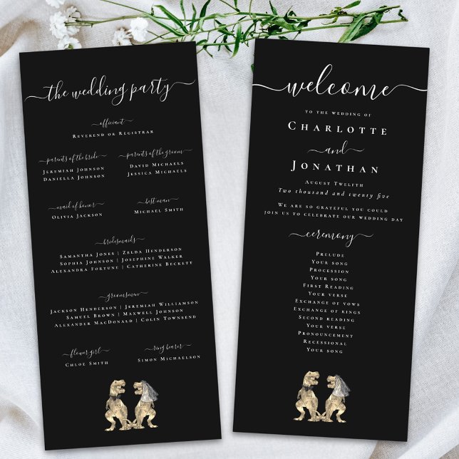 Cérémonie de mariage de dinosaures Programme noir  (Dinosaur wedding ceremony black & white program card Whimsical modern elegant script T-Rex dino)