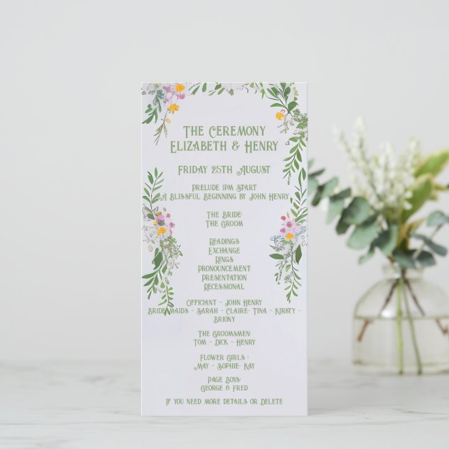 Cérémonie de Mariage Fleur sauvage Whimsical Invit (Debout devant)