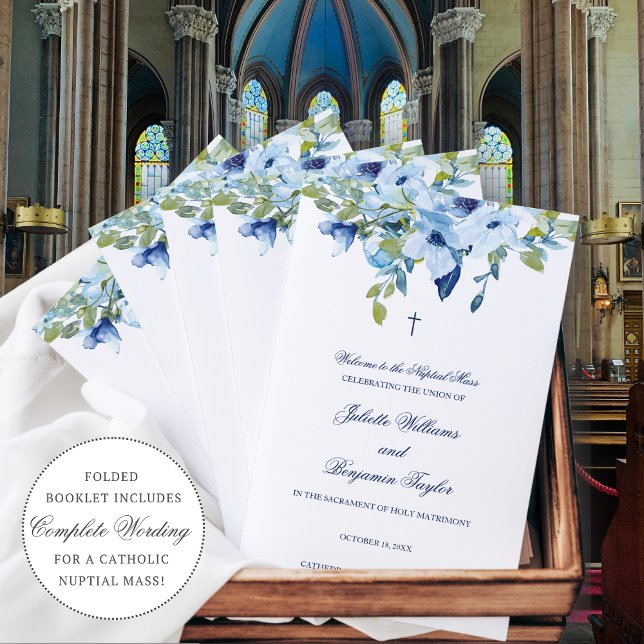 Cérémonie des Mariages catholiques bleus avec la m (Juliette, elegant, folded Catholic Wedding Program with Full Mass in dusty blue and navy blue. )