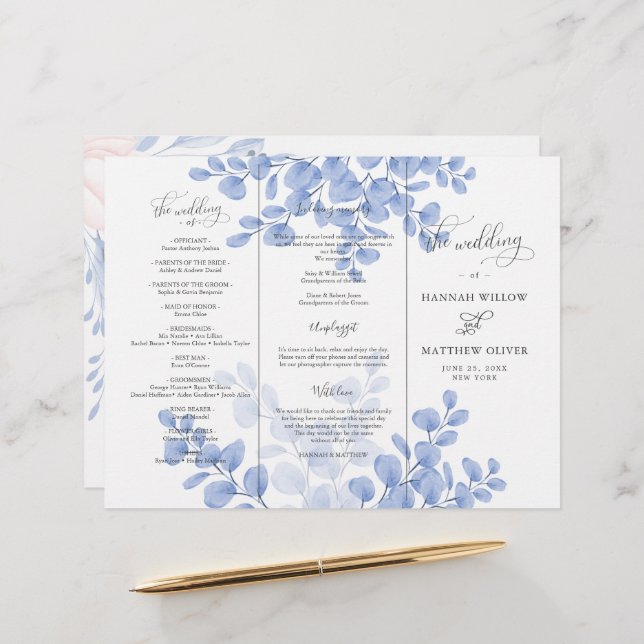 Cérémonie Feuille de Mariage botanique bleu Eucaly (Devant/Arrière en situation)