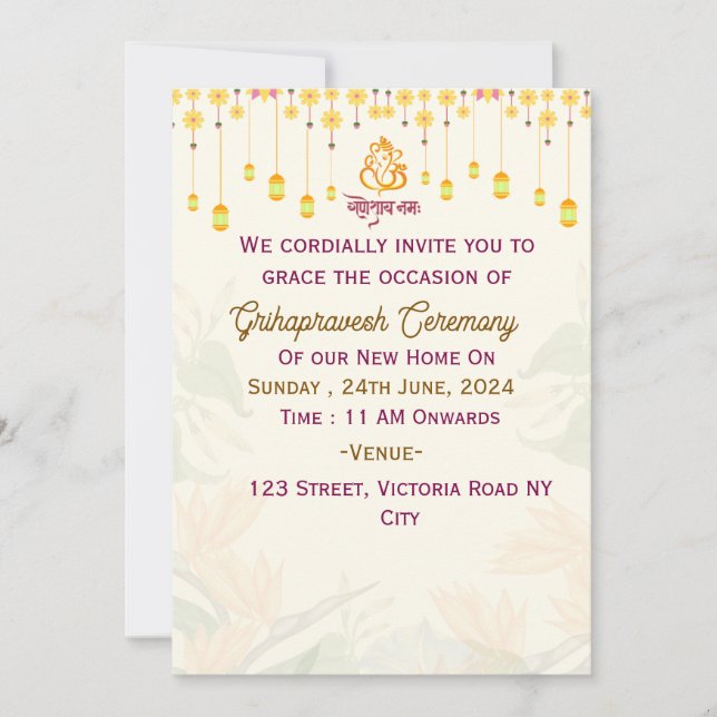 Cérémonie Grihapravesh Invitations (Devant)