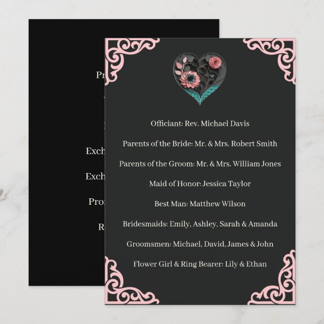 Cérémonie Programme de Mariage Fleurs Rose Cœur (Devant / Derrière)