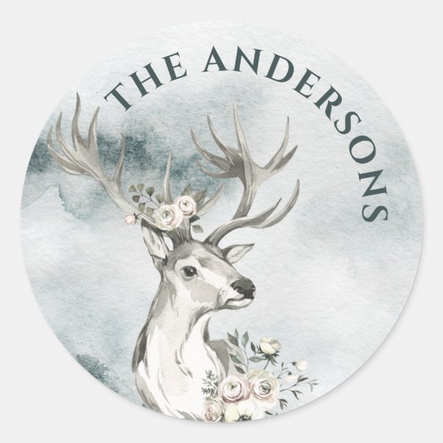 Cerf aux fleurs Aquarelle Petits Étiquettes ronds (Devant)