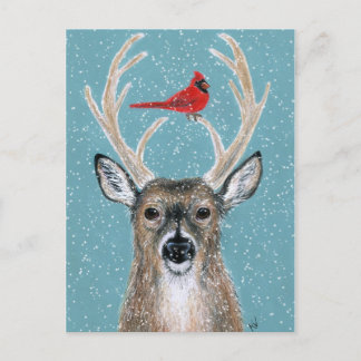 Cerf, cardinal, neige, carte postale de Noël
