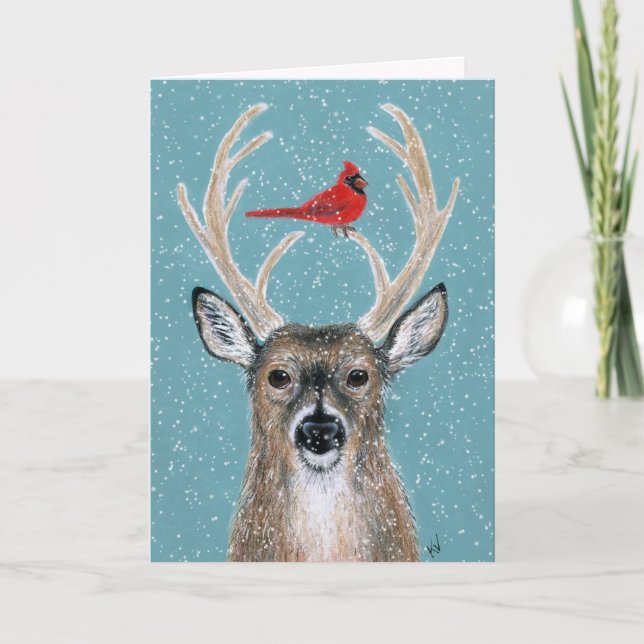 Cerf, cardinal, neige, toute occasion, carte d'ann (Devant)